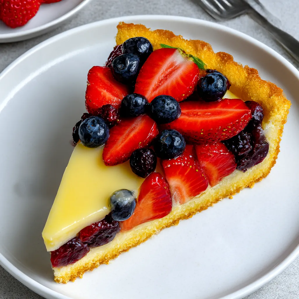 A slice of German fruit flan with strawberries and blueberries.