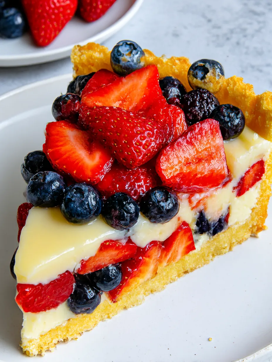 A slice of German fruit flan with strawberries, blueberries, and raspberries.