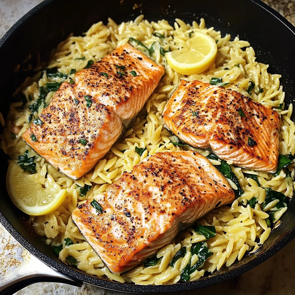 One Skillet Salmon with Lemon Orzo