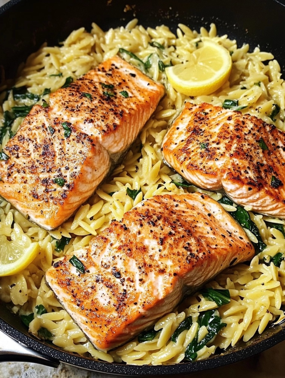 One Skillet Salmon with Lemon Orzo