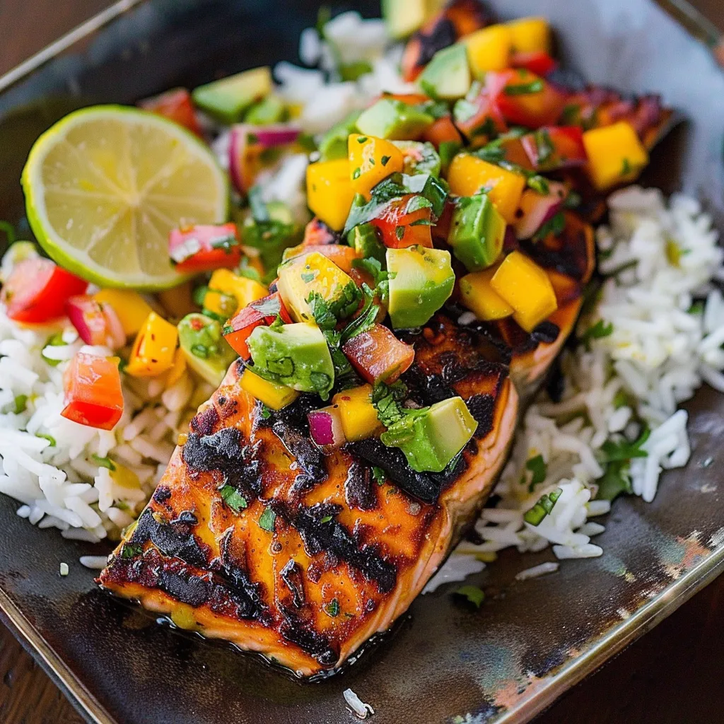 Grilled Lime Salmon with Avocado-Mango Salsa and Coconut Rice