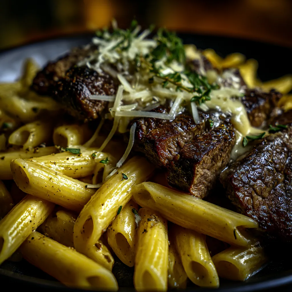 Steak and Creamy Garlic Parmesan Pasta