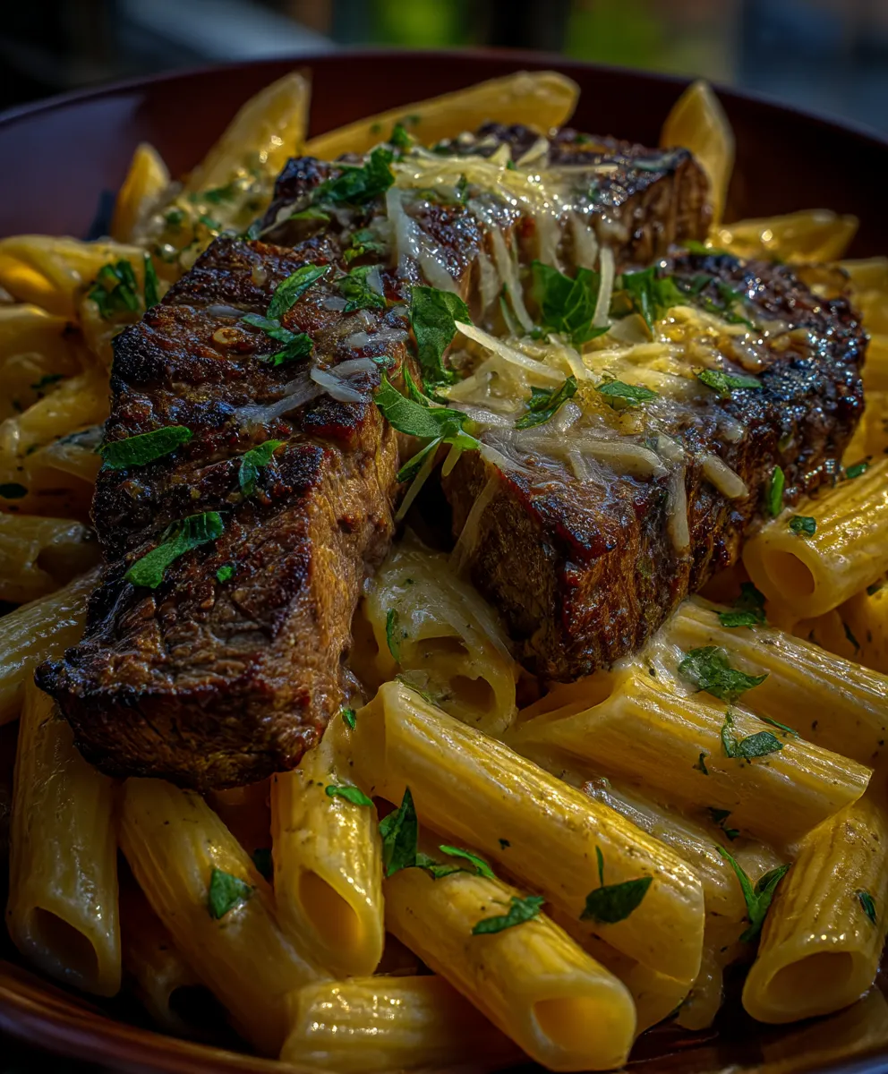 Steak and Creamy Garlic Parmesan Pasta