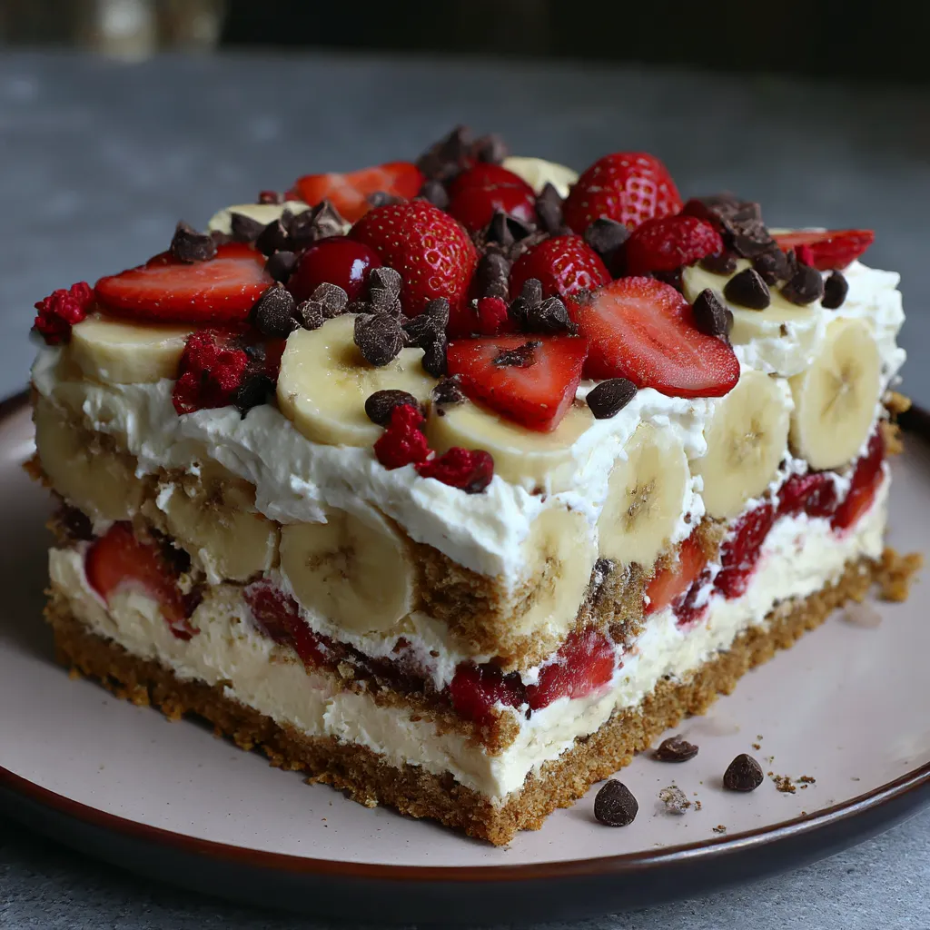 Easy Layered No-Bake Banana Split Cake with Graham Crust