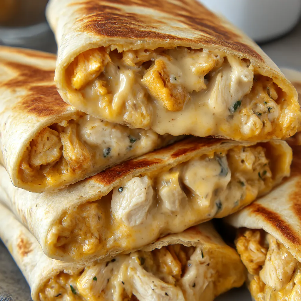 A stack of three quick cheesy chicken wraps.