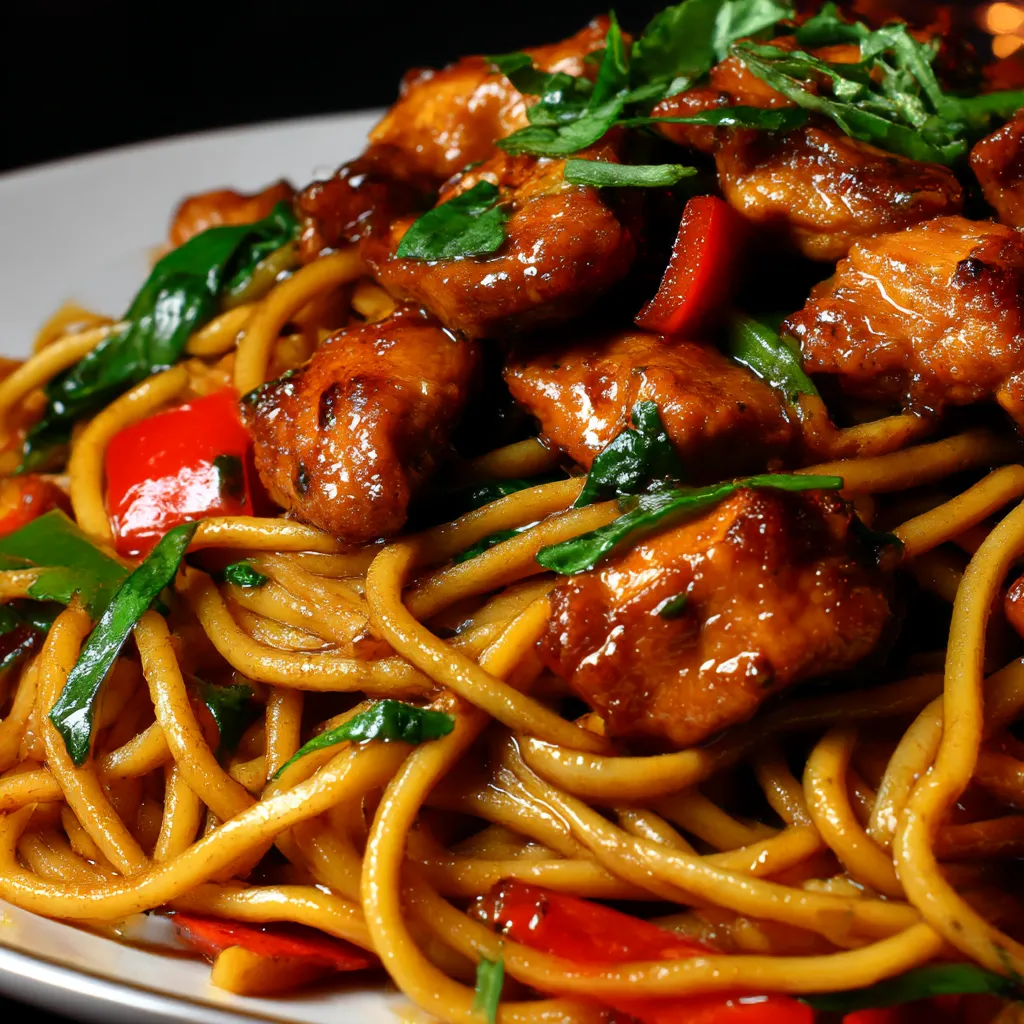 A plate of chicken spaghetti lo mein.