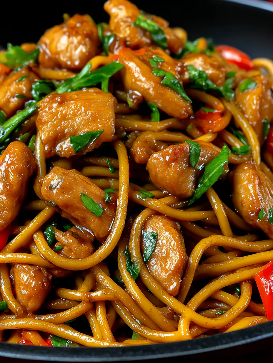 A plate of chicken spaghetti lo mein.