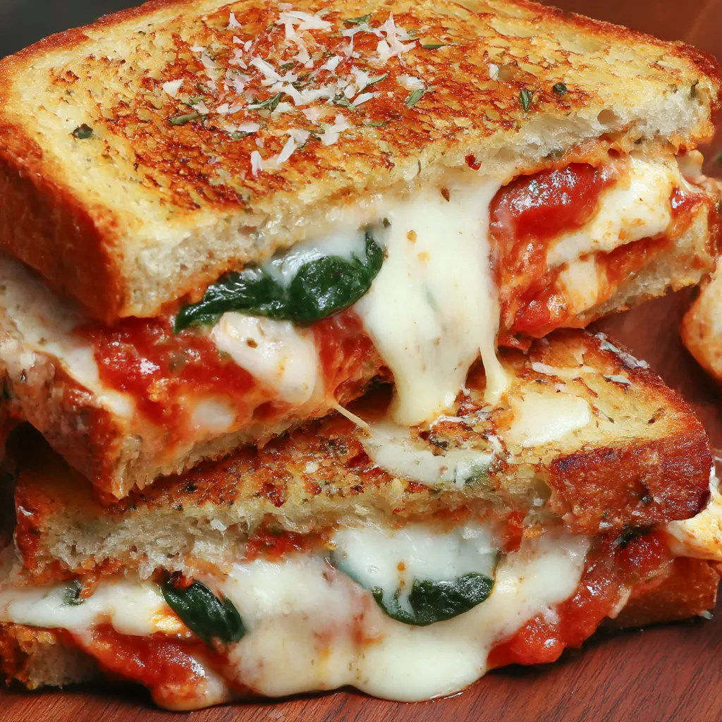 A sandwich with cheese and tomato sauce.