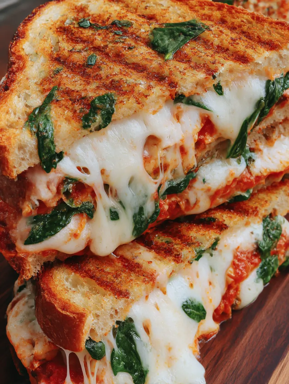 A grilled cheese sandwich with chicken and spinach.