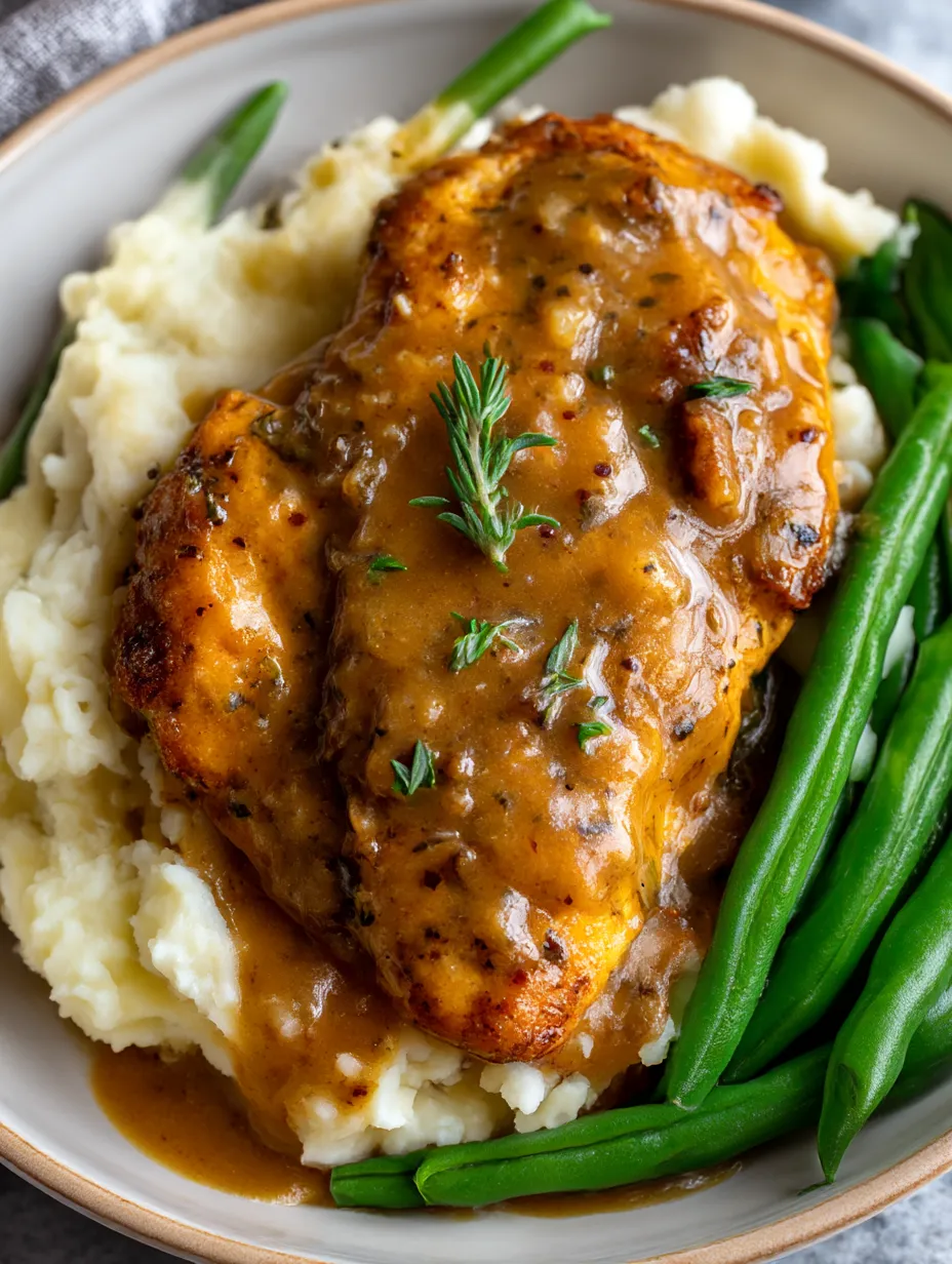 A plate of smothered chicken with green beans.
