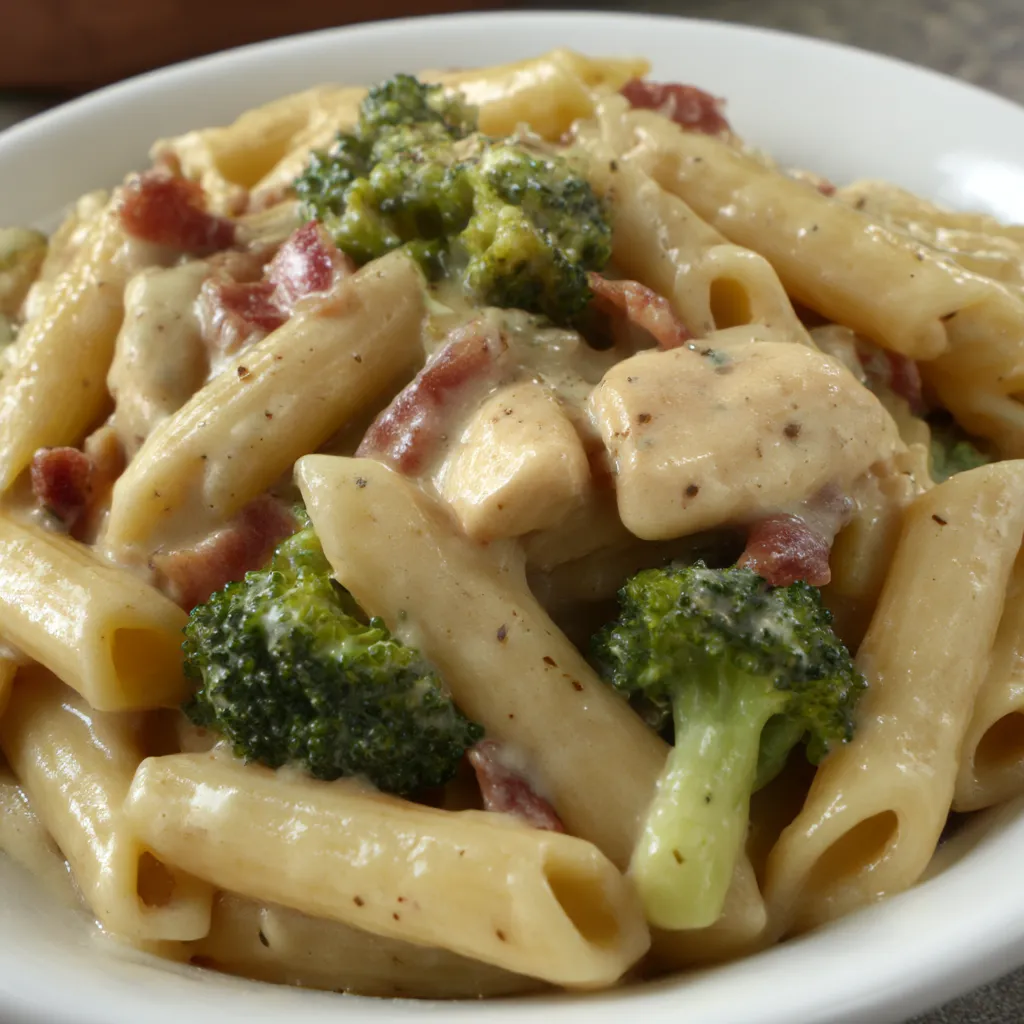 A bowl of pasta with chicken and broccoli.