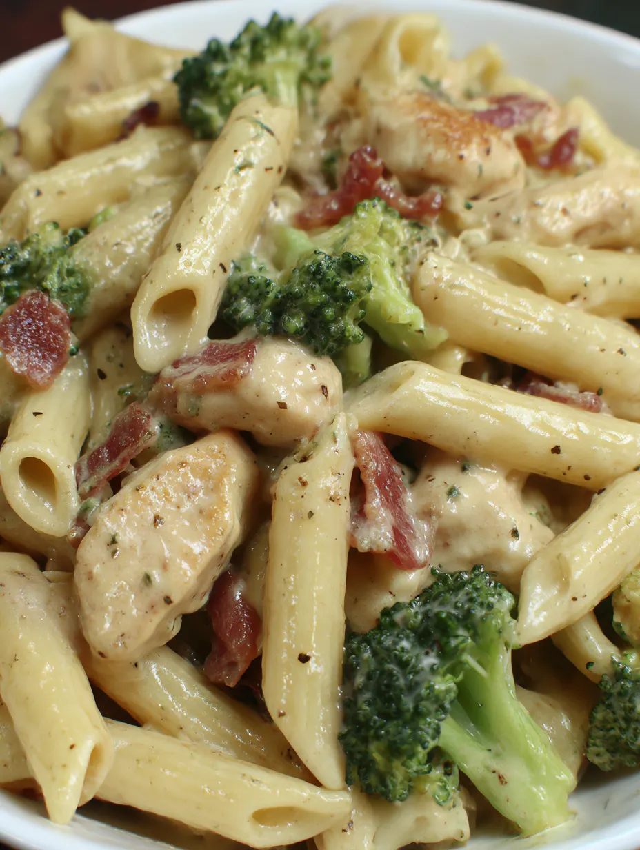A bowl of pasta with chicken and broccoli.