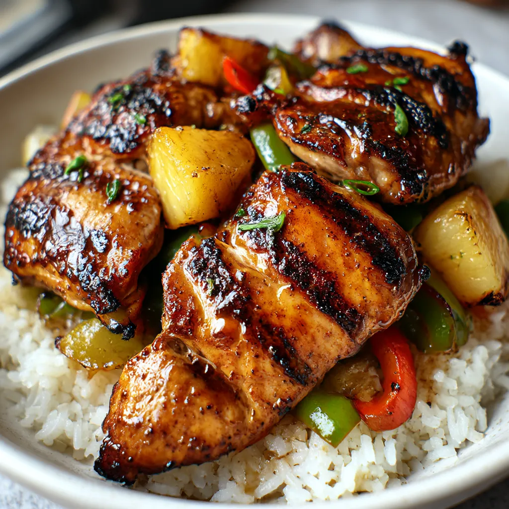 A plate of Huli Huli Chicken with rice.