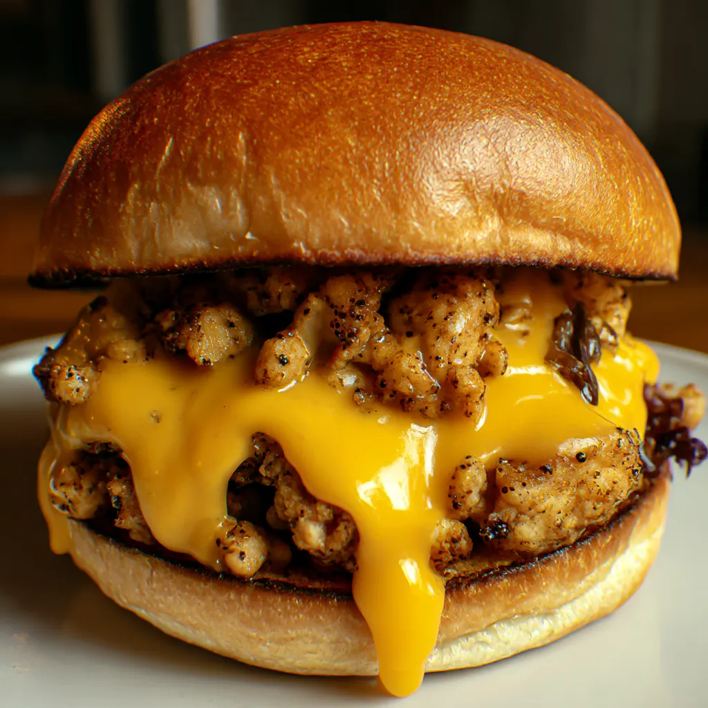 A close up of a sandwich with cheese and chicken.