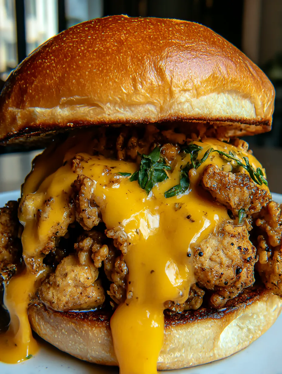A close up of a sandwich with cheese and chicken.