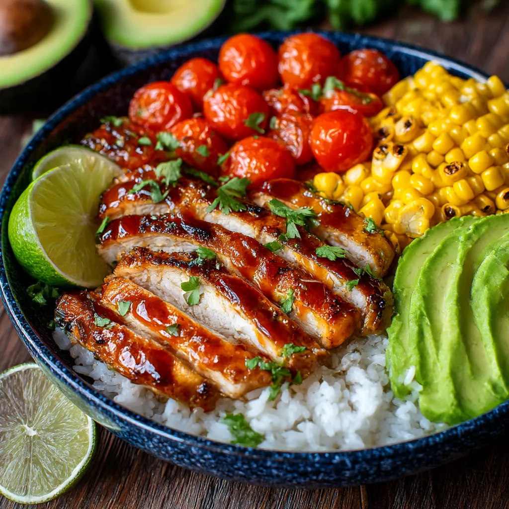 A bowl of food with rice, chicken, tomatoes, avocado, and lime.