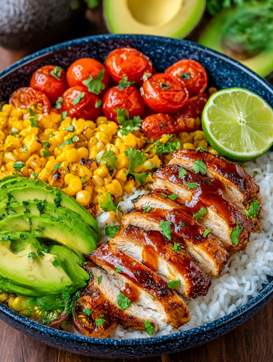 A bowl of food with rice, chicken, corn, tomatoes, lime, and avocado.