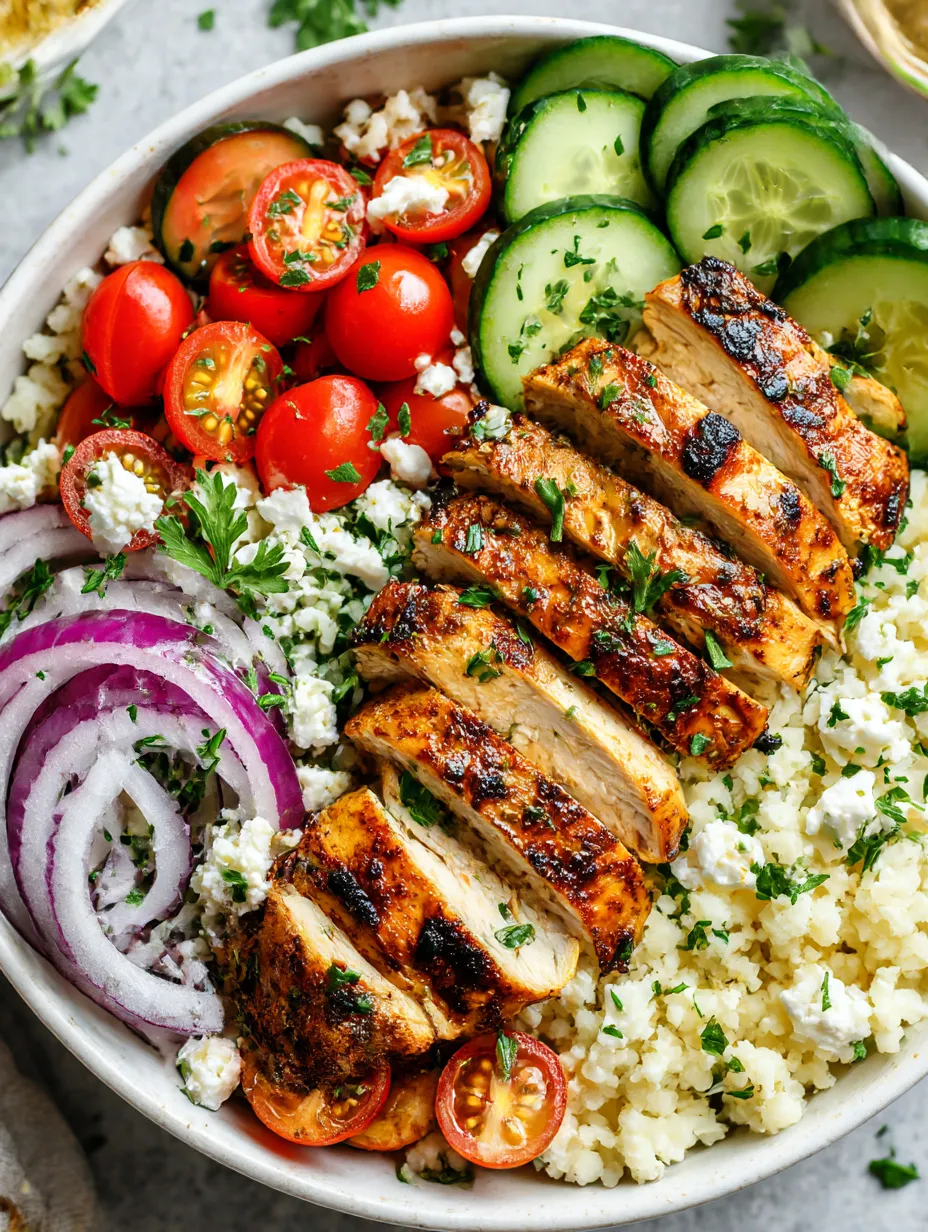 A bowl of food with chicken, tomatoes, cucumbers, onions, and feta cheese.