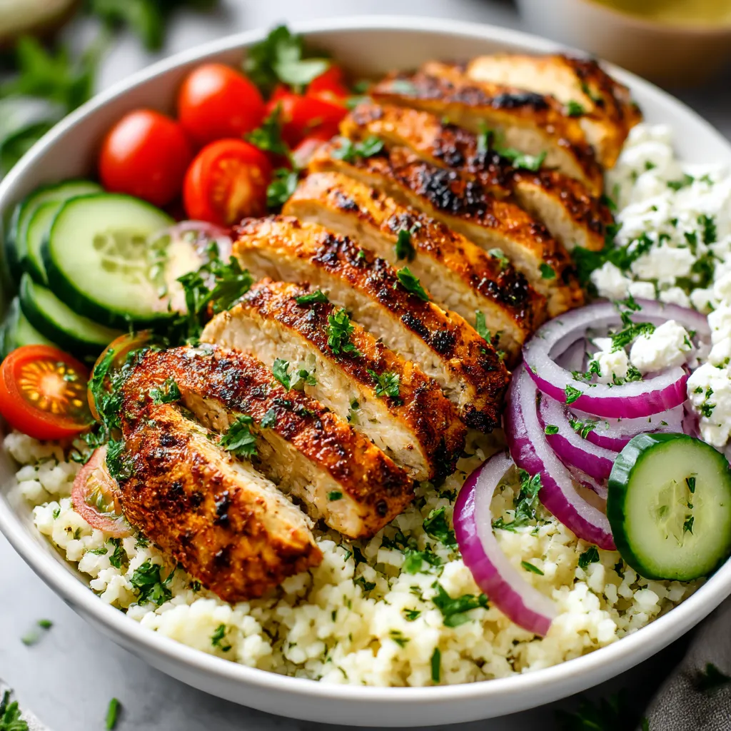 A bowl of food with chicken, tomatoes, onions, and cucumbers.