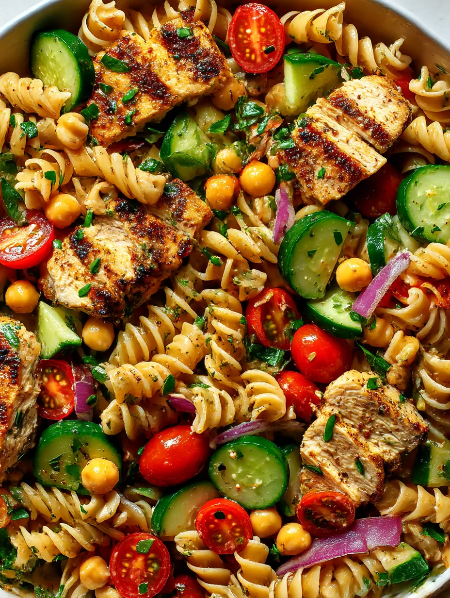 A high-protein pasta salad with chicken, tomatoes, cucumbers, and pasta.