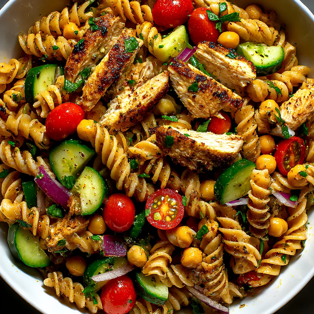 A bowl of pasta salad with chicken, tomatoes, and cucumbers.