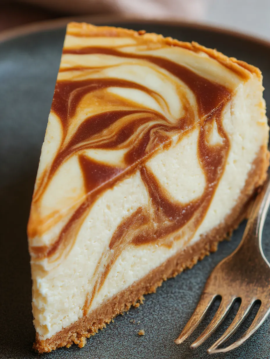 A slice of apple butter cheesecake on a plate.