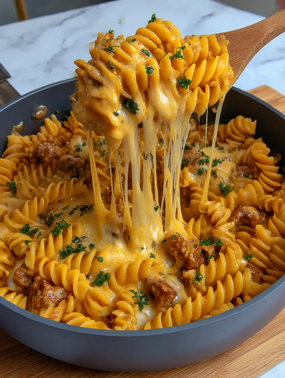 A bowl of pasta with cheese and sausage.