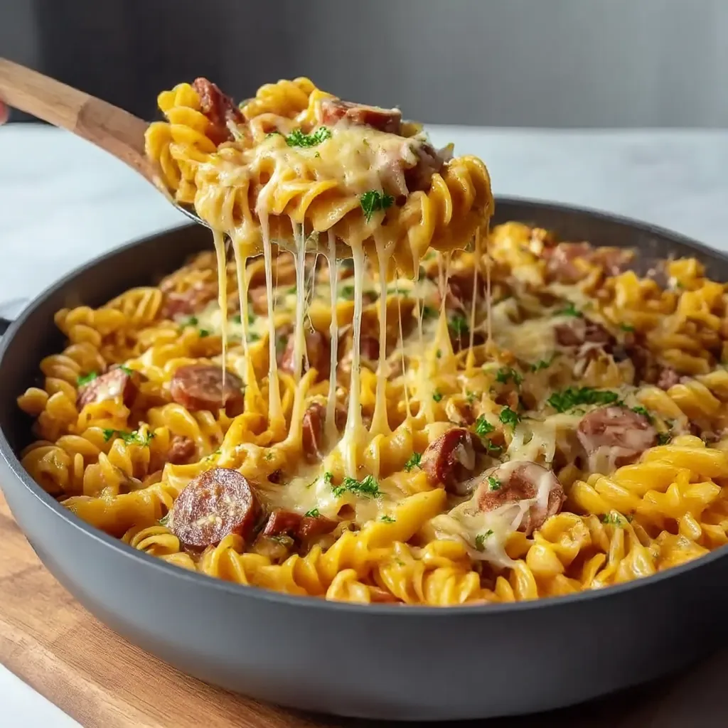 A close up of a delicious cheesy sausage pasta.
