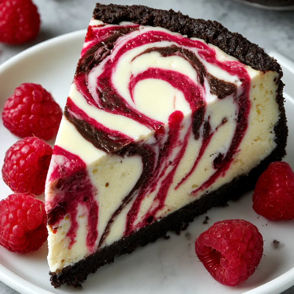 A slice of white chocolate raspberry cheesecake.