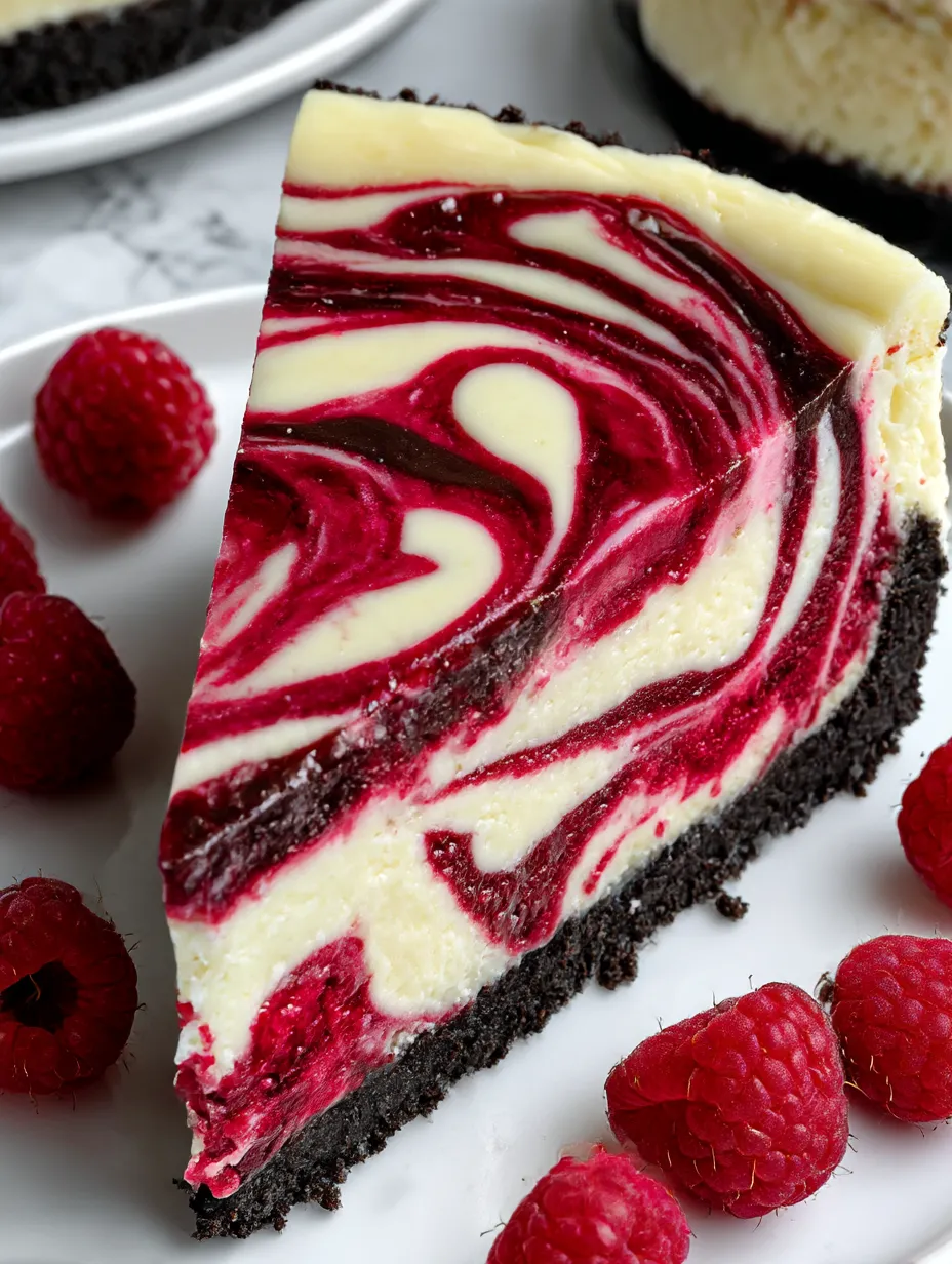 A slice of white chocolate raspberry cheesecake.