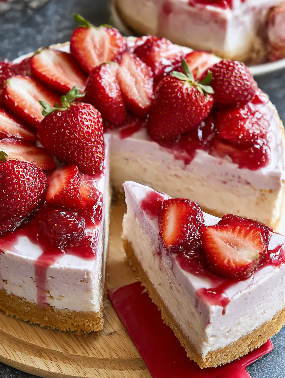 A slice of strawberry cheesecake on a wooden platter.