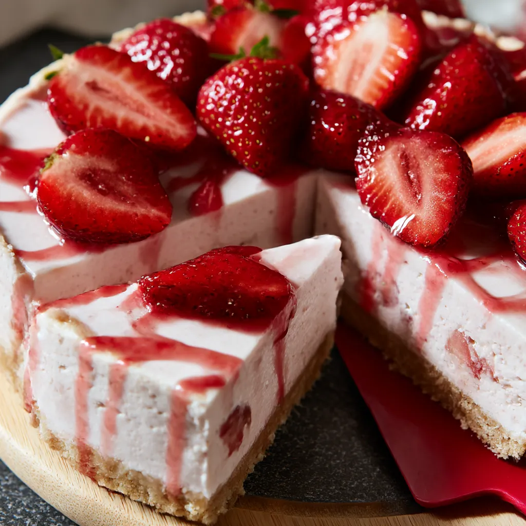 A slice of strawberry cheesecake with strawberries on top.