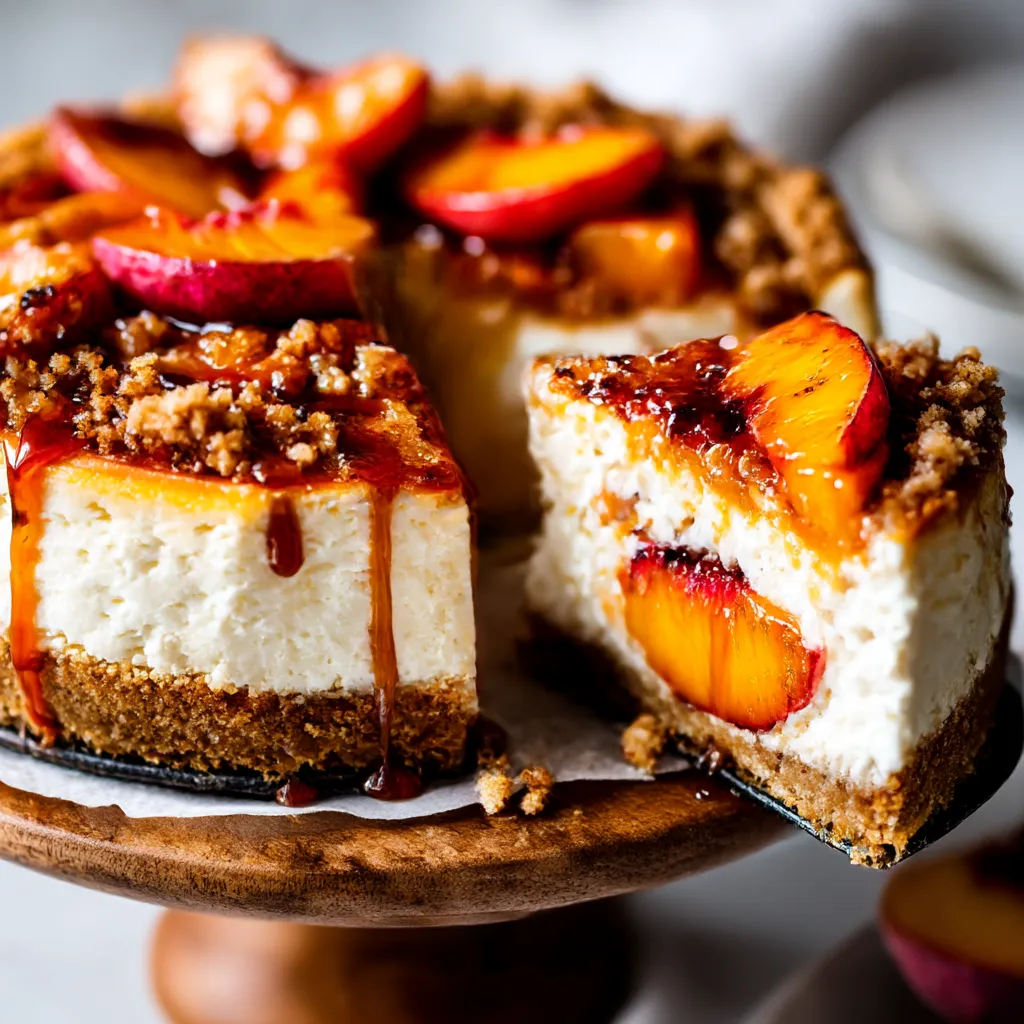 A slice of peach cobbler cheesecake.