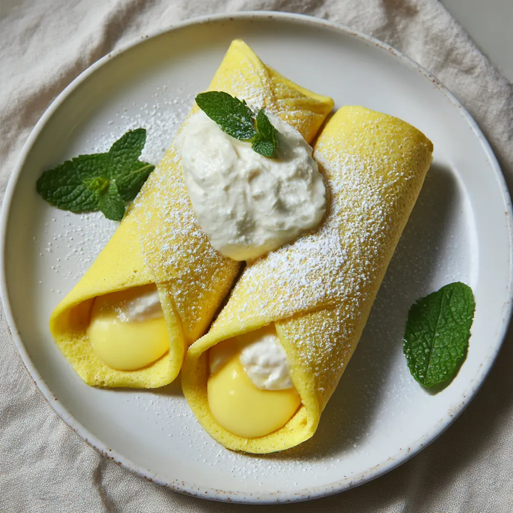 A plate of mango pancakes with whipped cream on top.