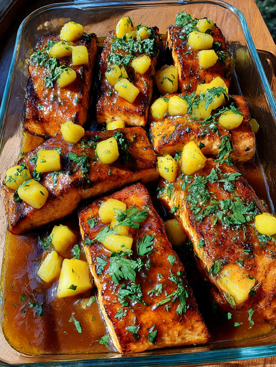 A dish of honey pineapple salmon.