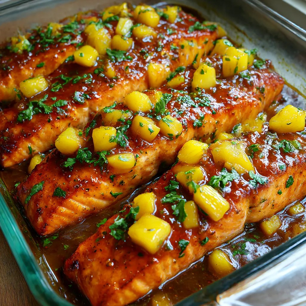 A dish of salmon with pineapple and honey.
