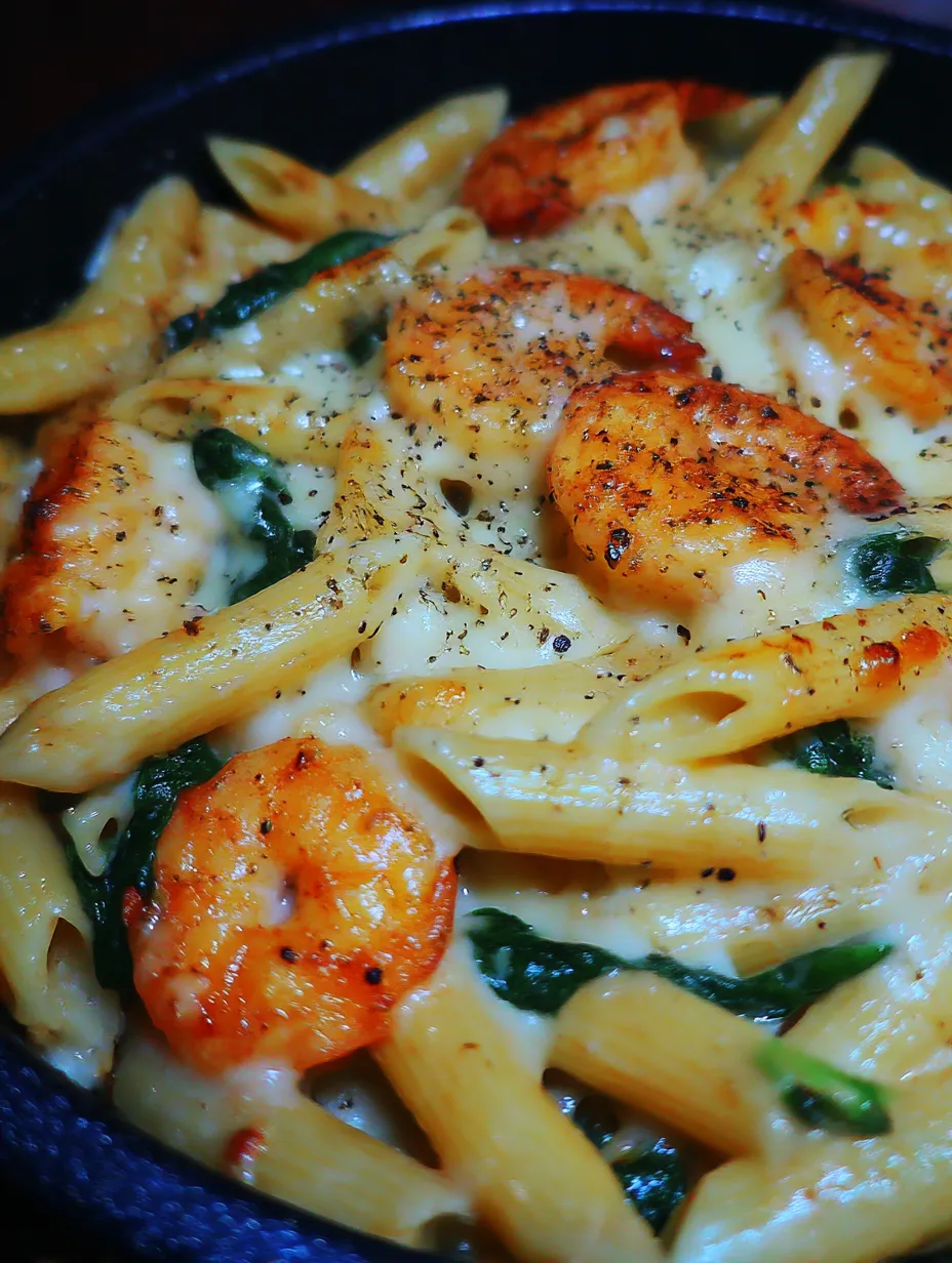 A dish of pasta with shrimp and spinach.
