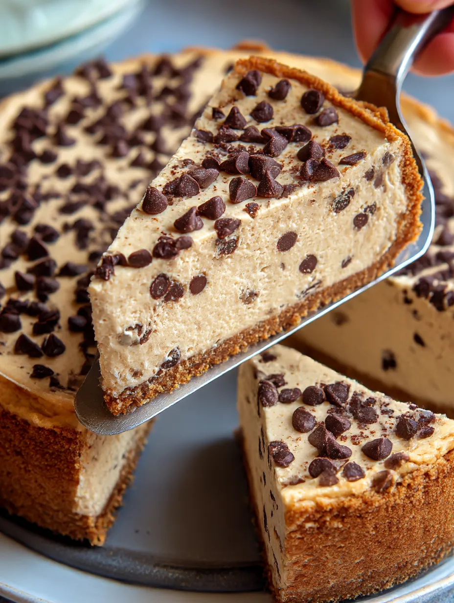 A slice of protein cheesecake with chocolate chips.