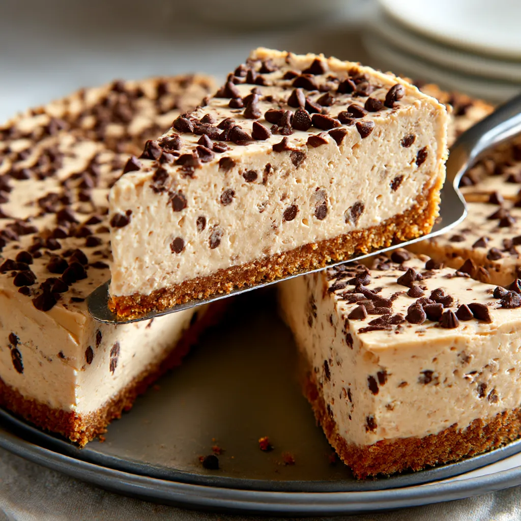 A slice of protein cheesecake with chocolate chips.