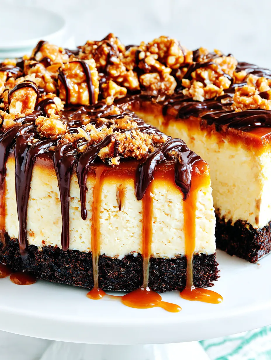 A slice of cheesecake with caramel drizzled on top.