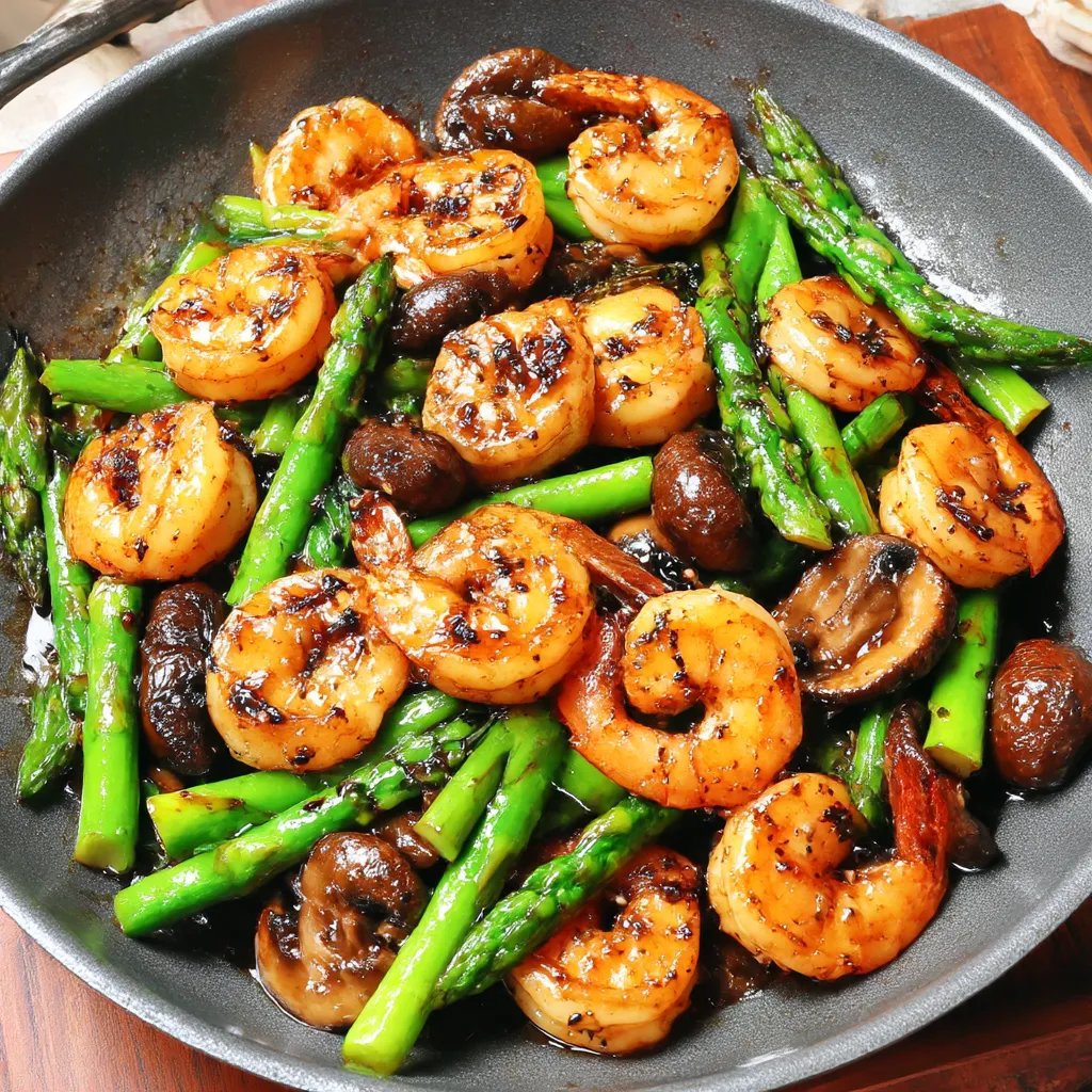 A pan of shrimp and asparagus stir-fry with mushrooms.