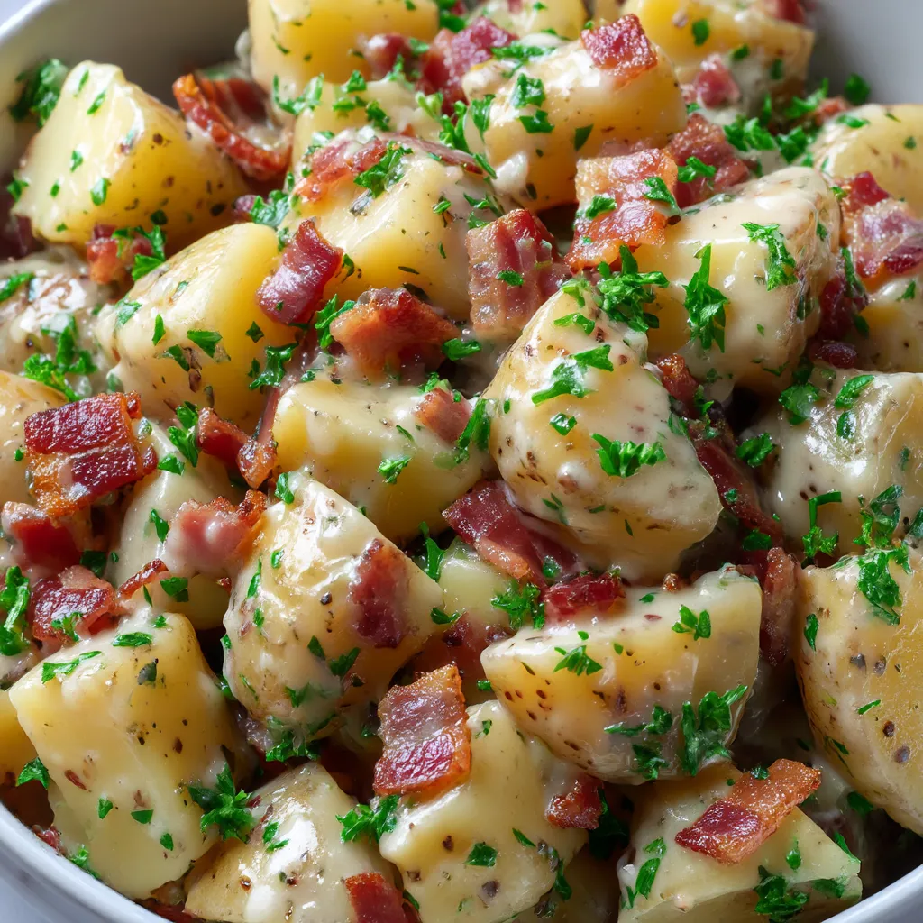 Old-fashioned German potato salad with bacon and herbs.