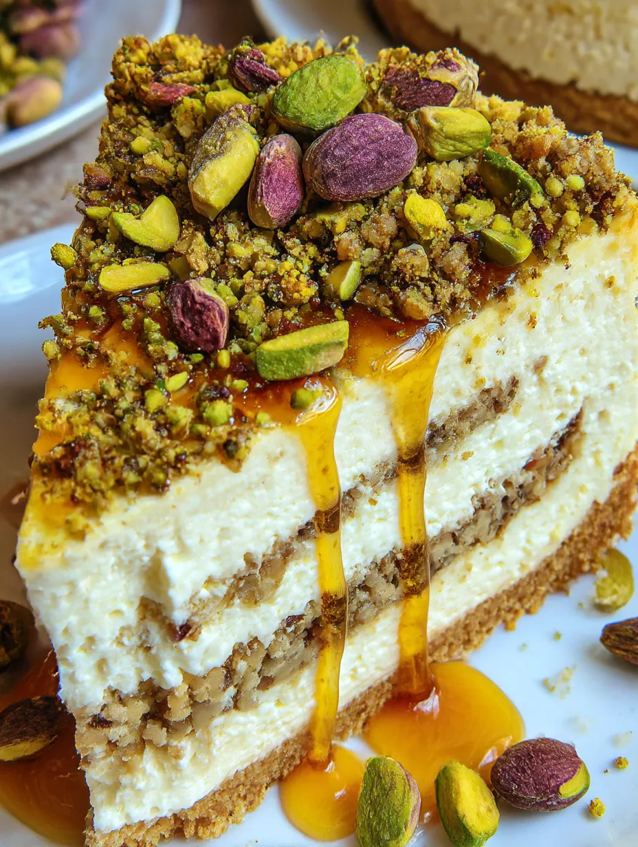 A slice of baklava cheesecake with a drizzle of caramel sauce.