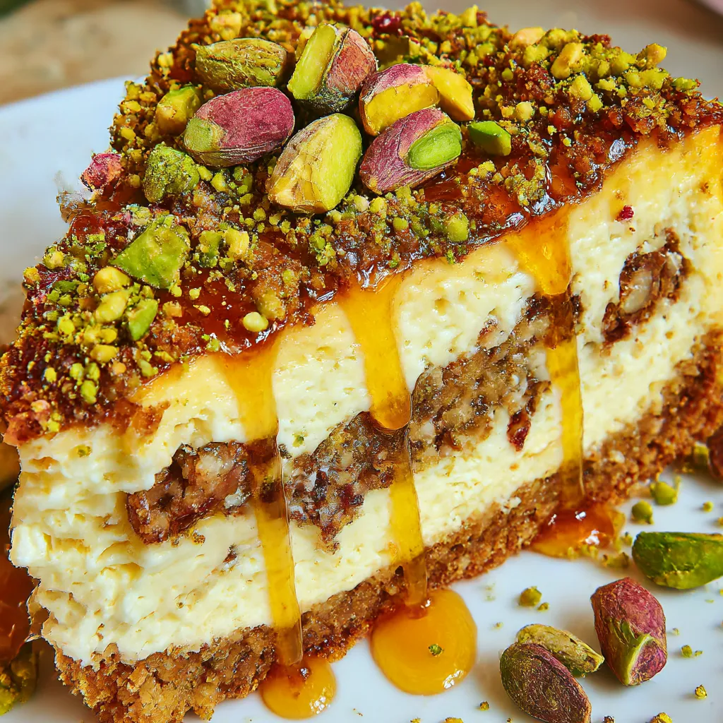 A slice of baklava cheesecake with a drizzle of caramel sauce.