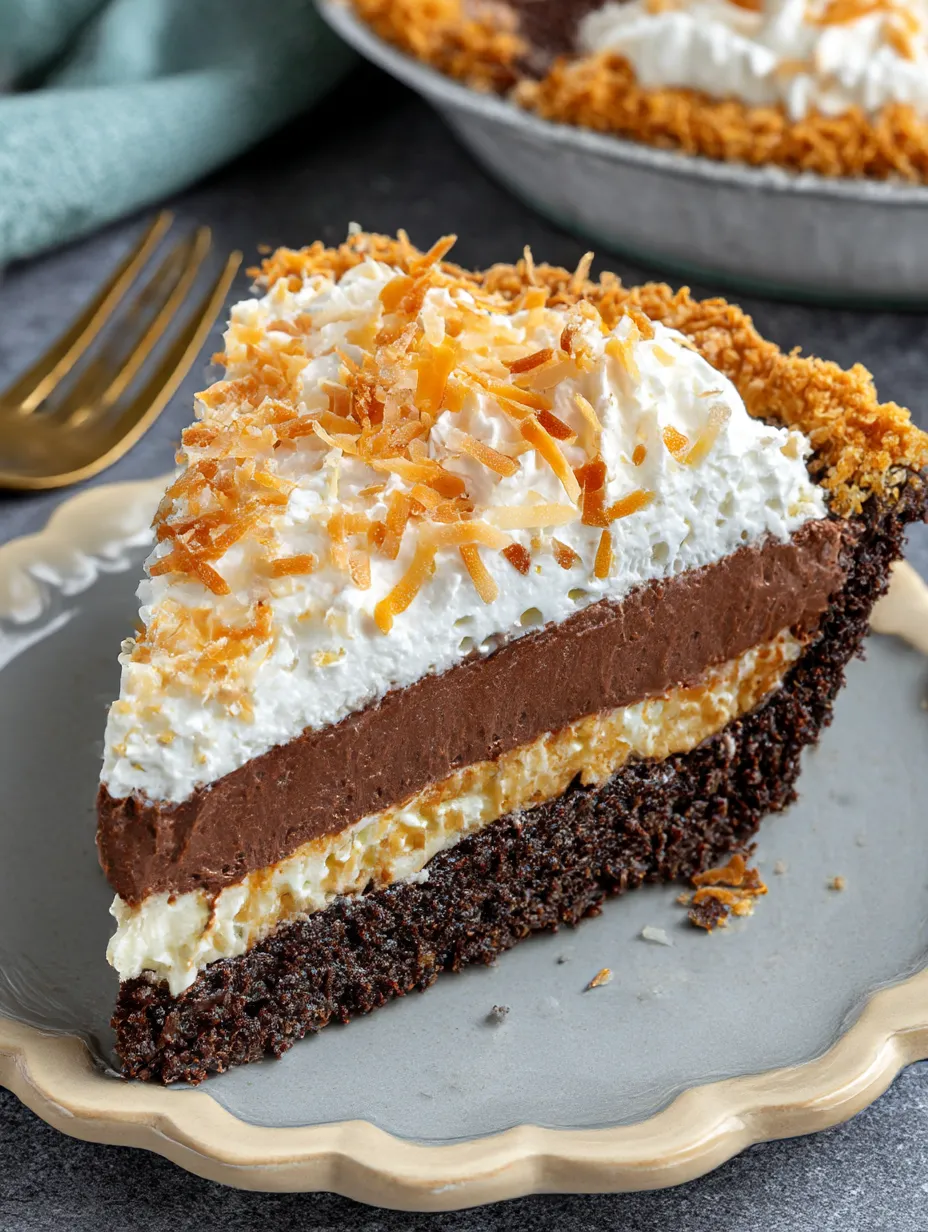 A slice of coconut chocolate pudding pie.