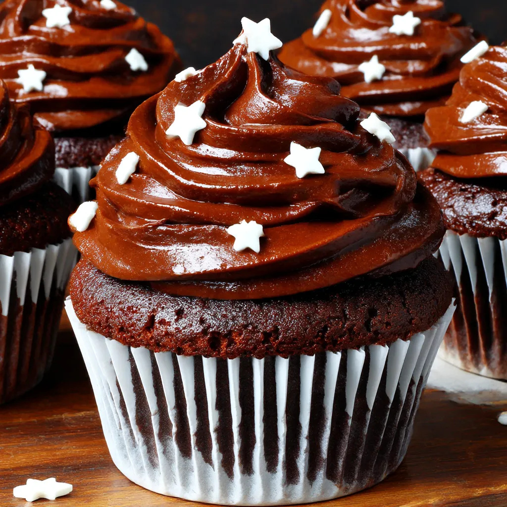 Chocolate cupcakes with white frosting and stars.