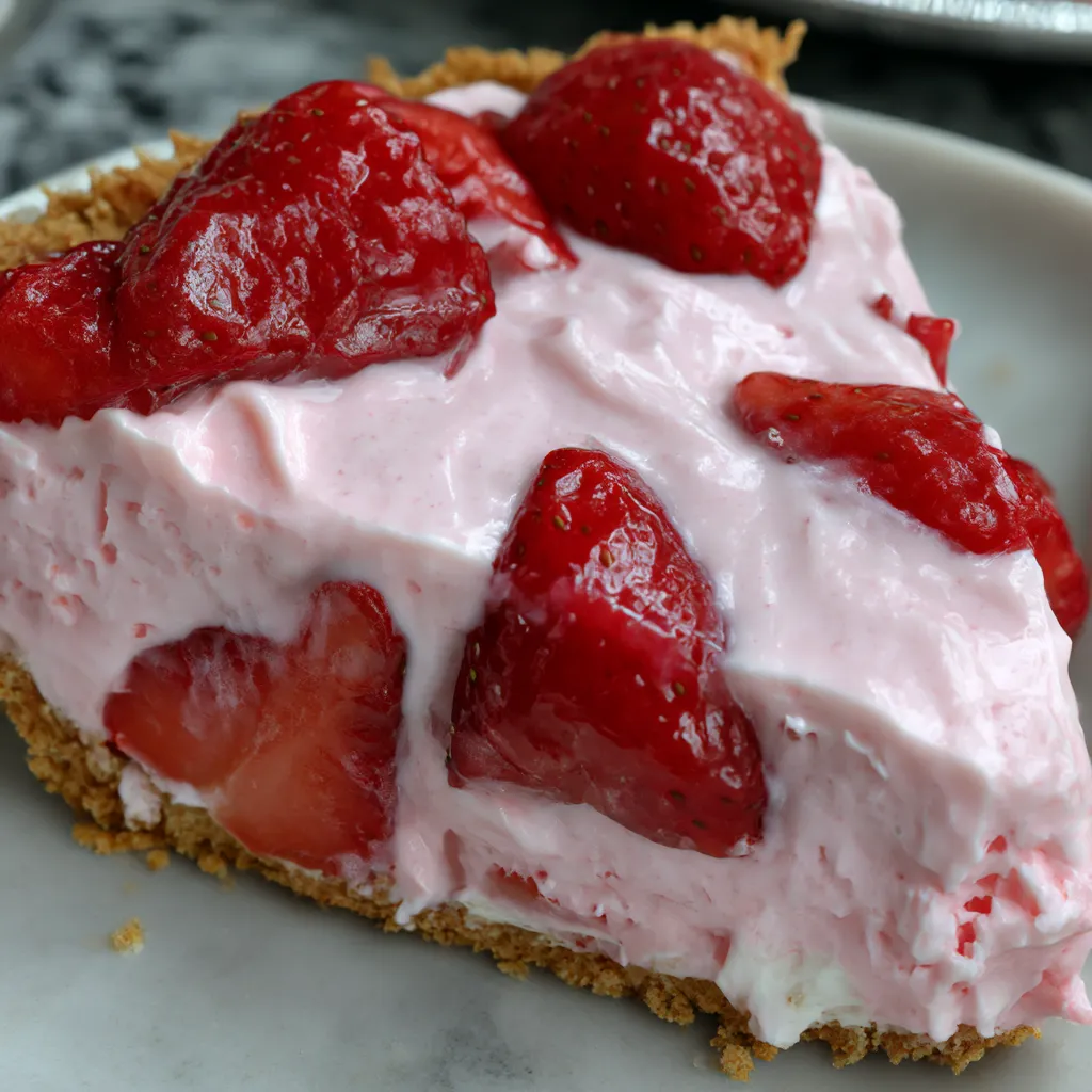 A slice of strawberry cream cheese pie.