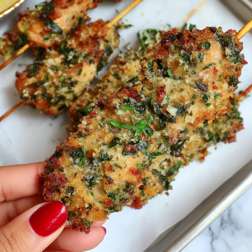 A person is holding a skewer of garlic Parmesan chicken.