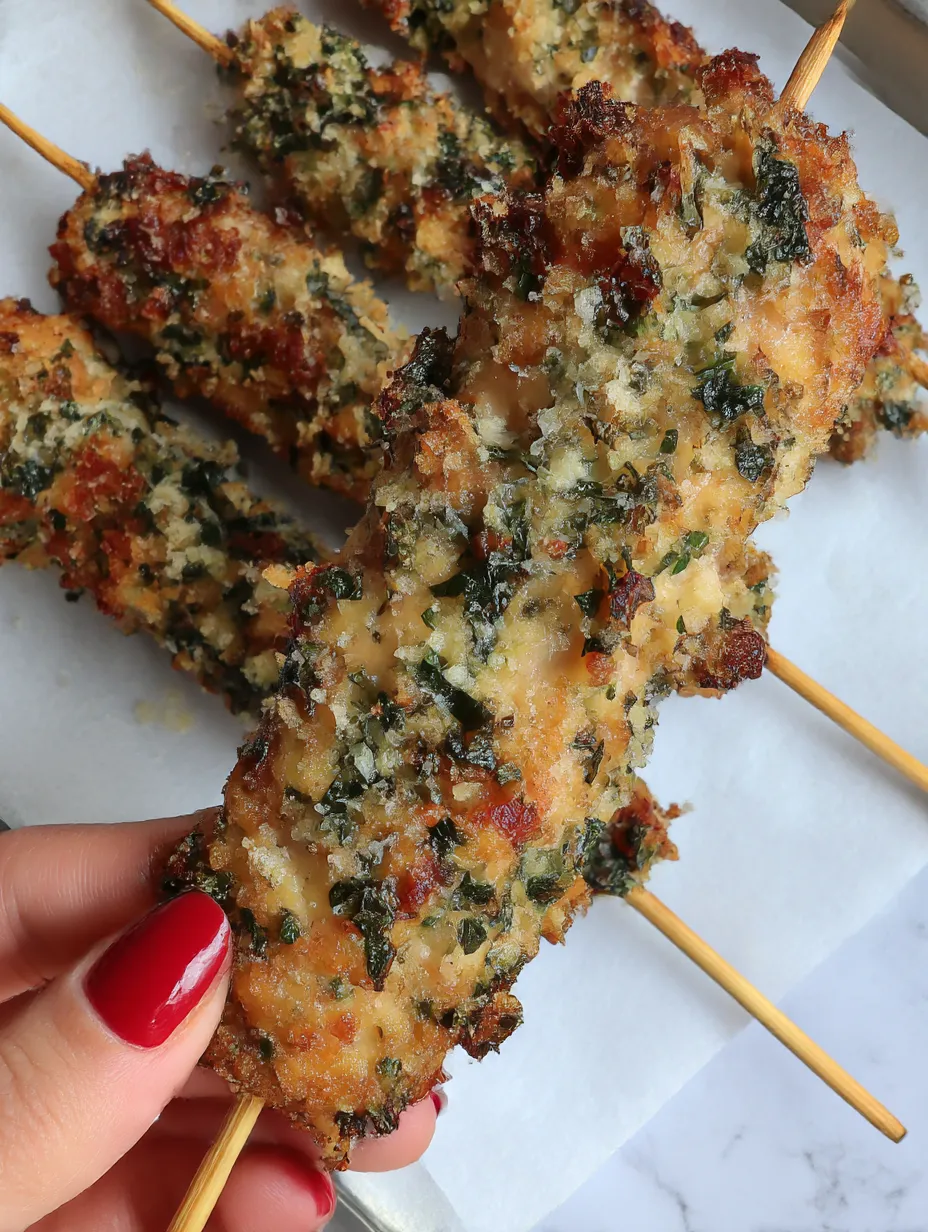 A person is holding a piece of garlic parmesan chicken skewers.