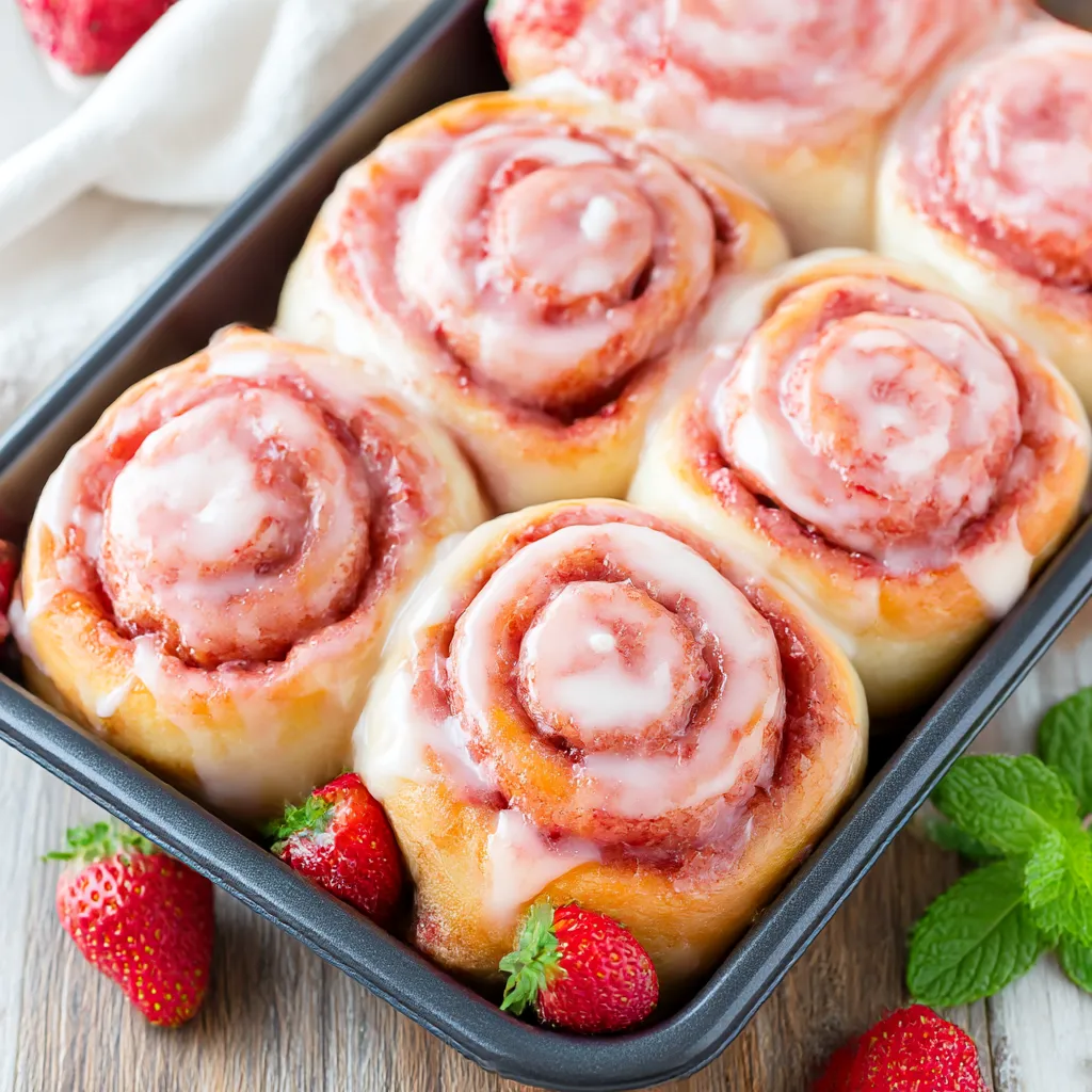 A box of cinnabon rolls with strawberries on top.
